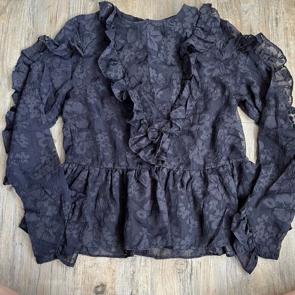 H&M Ruffle Blouse Women's S 6 Black Goth Floral - Picture 10 of 12